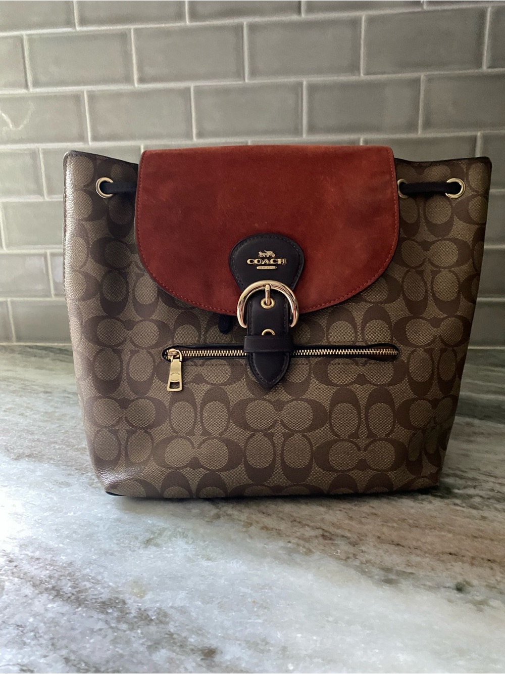 Coach Brown Signature Canvas Shoulder Bag with Rust Suede Flap